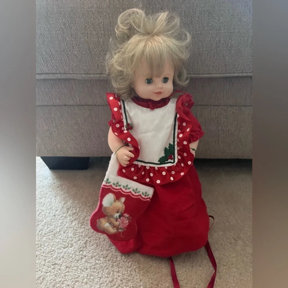 Vintage Christmas Baby Doll With Stocking Blond Hair